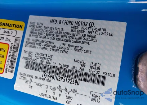 2024 Ford Mustang Ecoboost Premium Fastback from USA, damaged, VIN 1FA6P8TH3R5122590